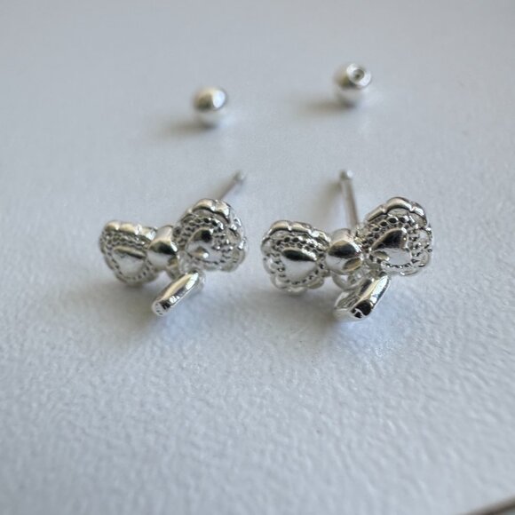 Cute Bow Heart Dangle Earrings – Silver Tone - Picture 5 of 5